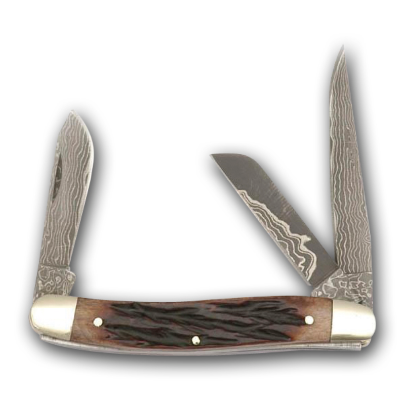 Buffalo River Ranger 3 Blade Damascus Stag Handle
